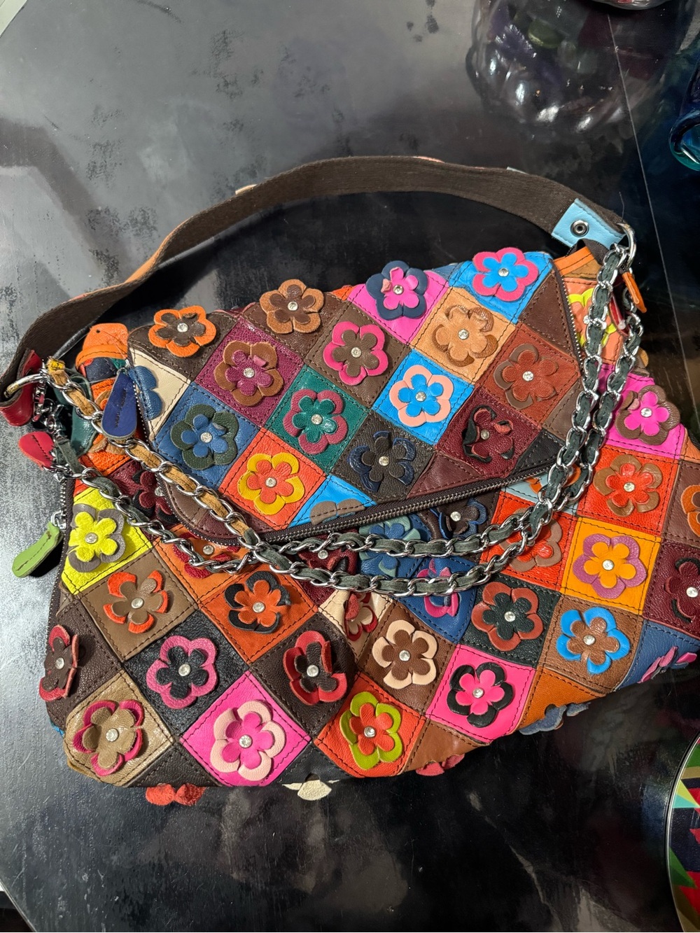 Luxury Genuine Leather Crossbody Bag Multicolor Floral Patchwork